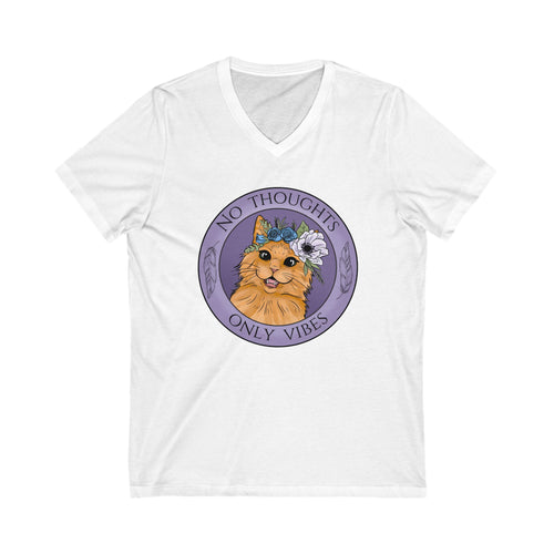 No Thoughts Only Vibes Cat V-Neck Tee - Unisex Jersey T-Shirt for Relaxed Days